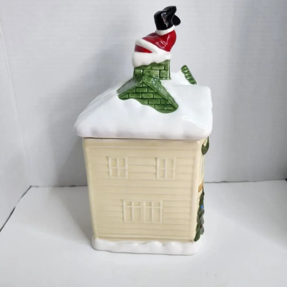 Vintage HOMCO Christmas Cookie Jar Victorian House Santa Stuck in Chimney 1990